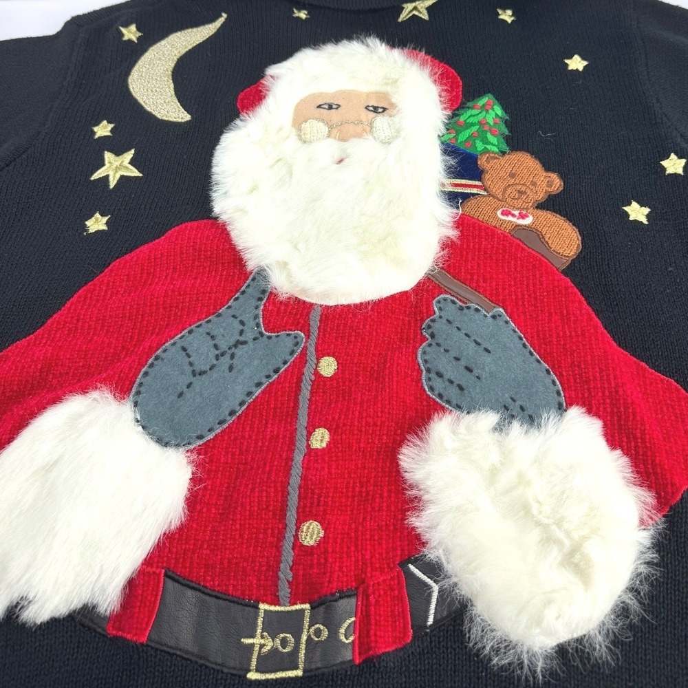 VTG 3D Embellished Embroidered Ugly Christmas Sweater Womens Zip Cardigan Santa